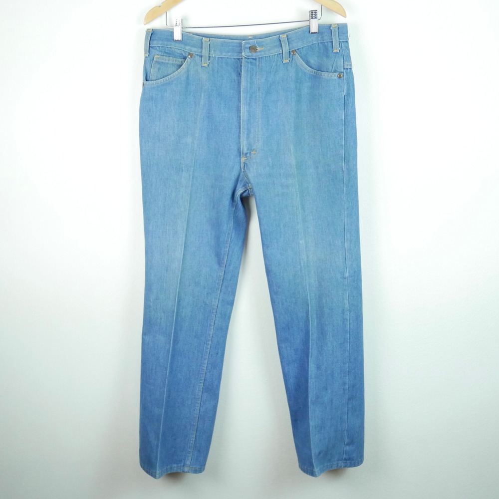 Vintage Mens Light Wash Denim Jeans Bootcut Talon Zipper Blue 35 x29 Western USA
